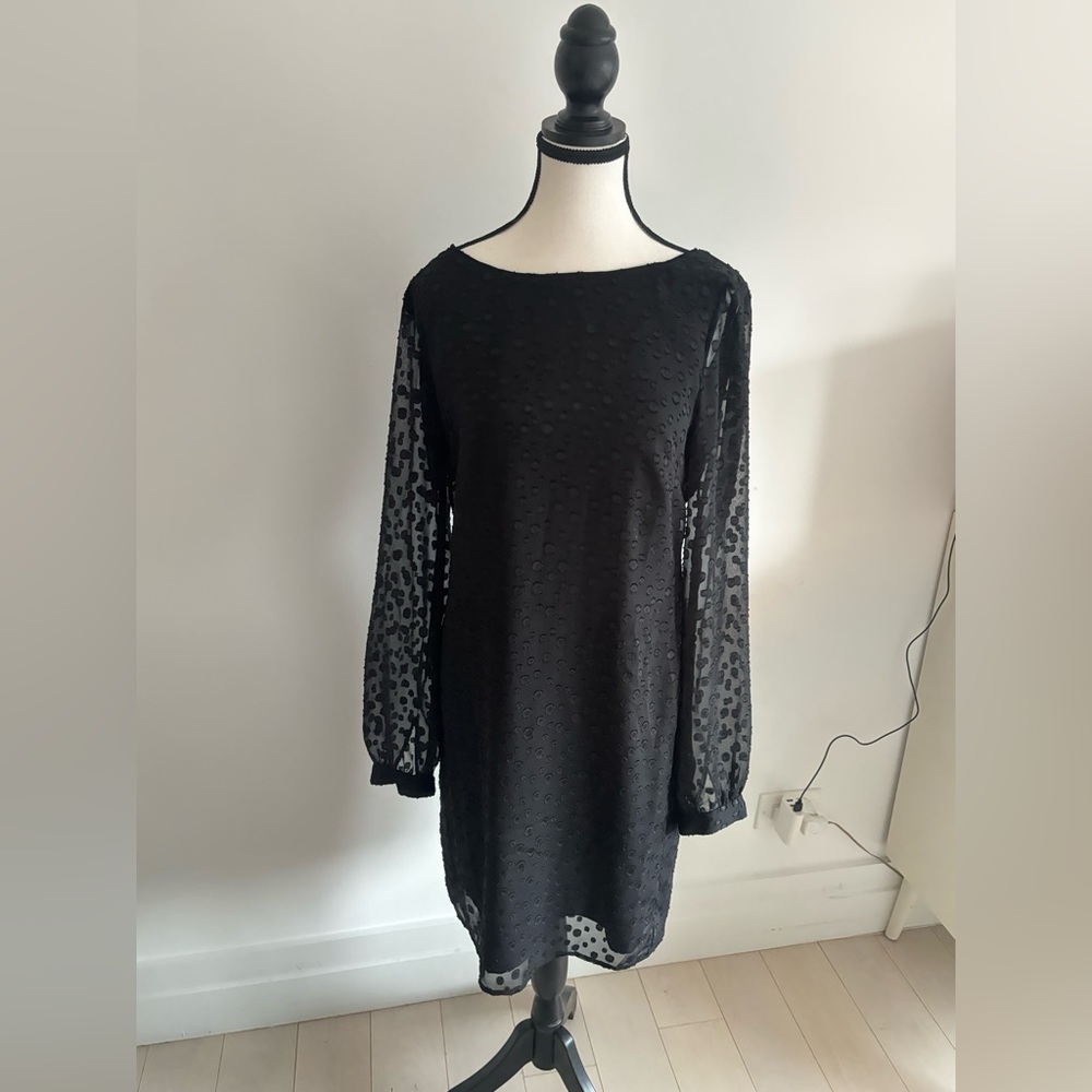 Ann Taylor Elegant Black Sheer Sleeve Silky Dress, with large polka dots